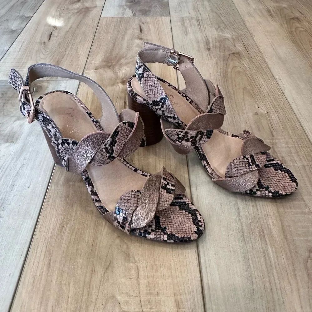 Crown Vintage Varenka Snakeskin Pattern Heel Open Toe Sandals Brown/Copper 8.5 - Picture 2 of 13